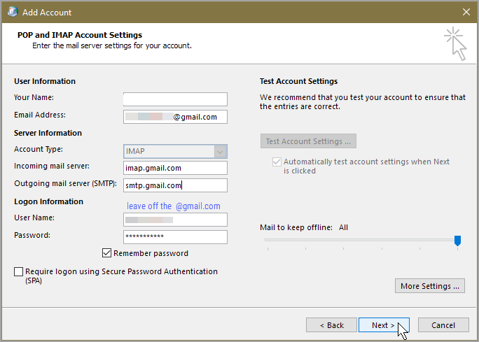 problem setting up gmail on outlook